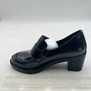 Maiyang Black Chunky Mid Heel Platform Loafers Round Toe Slip on Party Pump